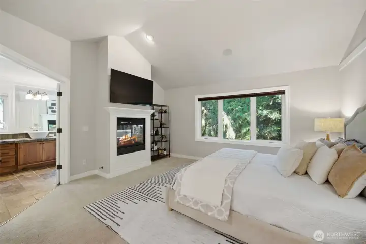 Sumptuous primary bedroom with pass through gas fireplace.