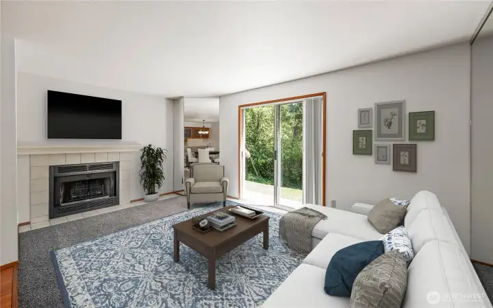 Main floor living room. Digitally staged