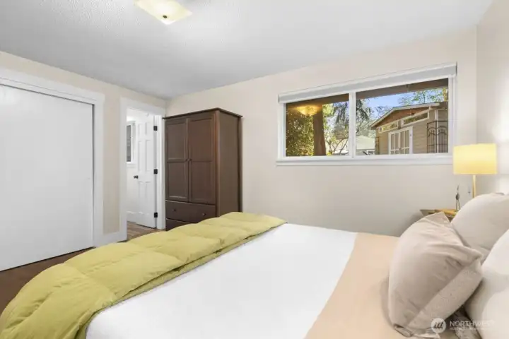 Its closet has built-in shelving and storage.