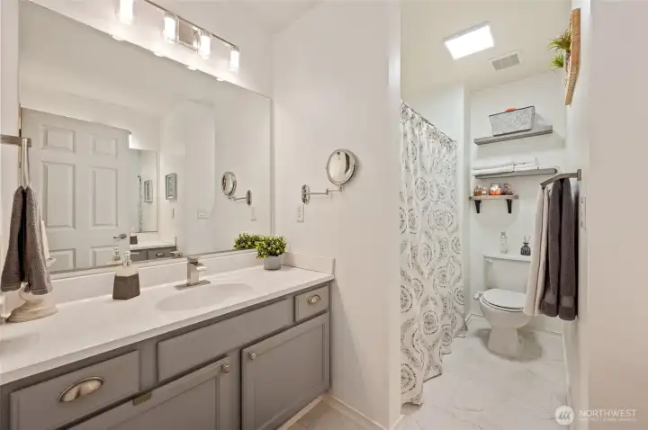 Vanity #1 - Double vanities = no sharing stress  Clean, updated, and designed to keep mornings moving