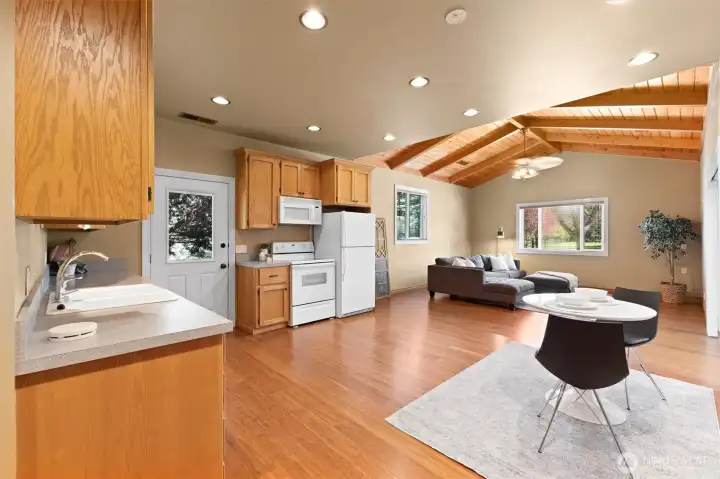 Detached ADU, view from laundry area, exterior access to ADU driveway through kitchen door.