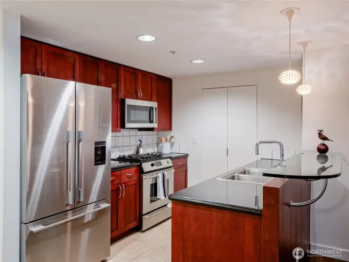 High-end kitchen featuring sleek slab granite and top-of-the-line Miele and Fisher & Paykel appliances.