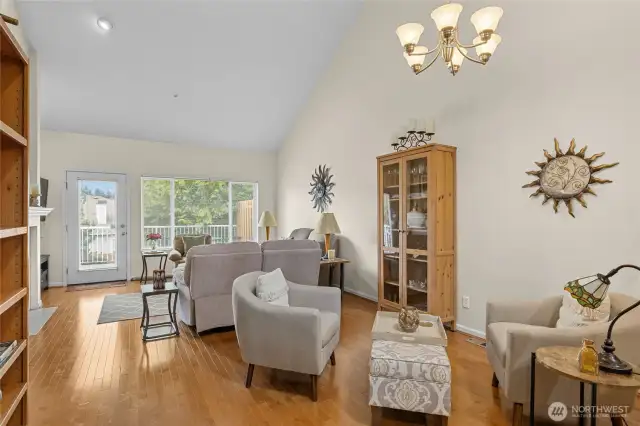 Open and airy living room with vaulted ceilings.