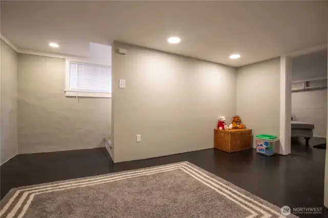 Downstairs basement flex space with windows and stairwell.