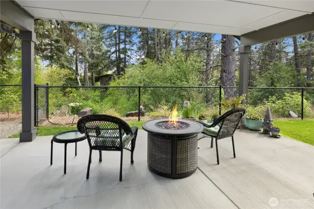 Concrete patio and fenced back yard.