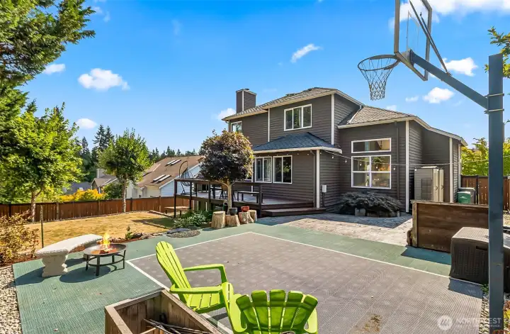 Generous lot, sport court, garden storage shed, established landscaping.