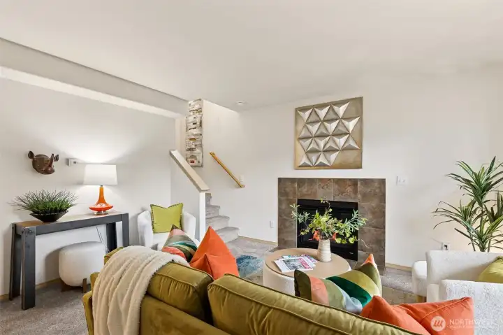 Living room with gas fireplace.