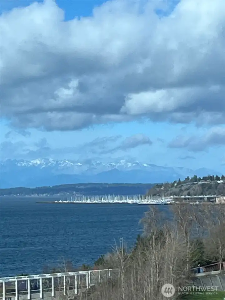 View of Olympic mountains and Marina from deck.