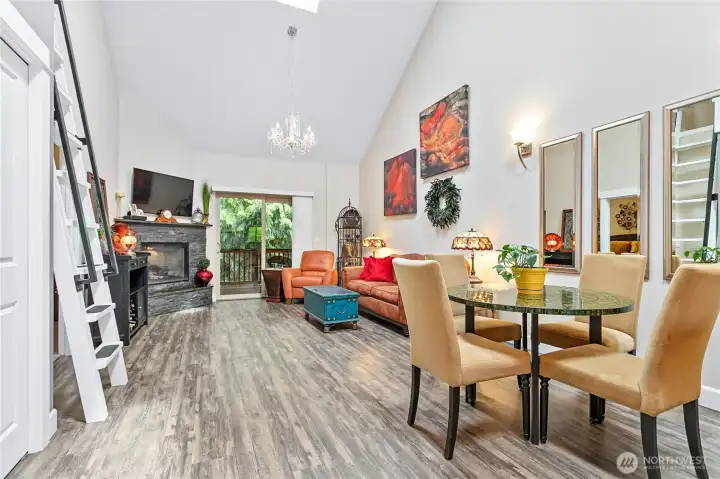 Full dining area and vaulted ceilings