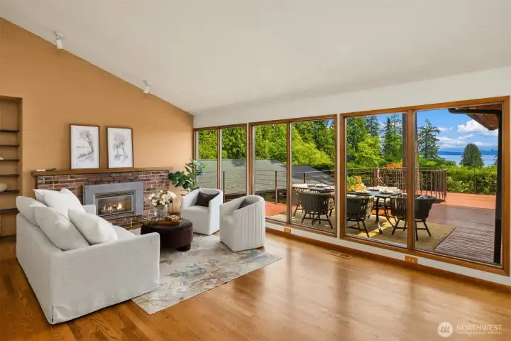 Gather around the cozy propane fireplace and soak in the view.
