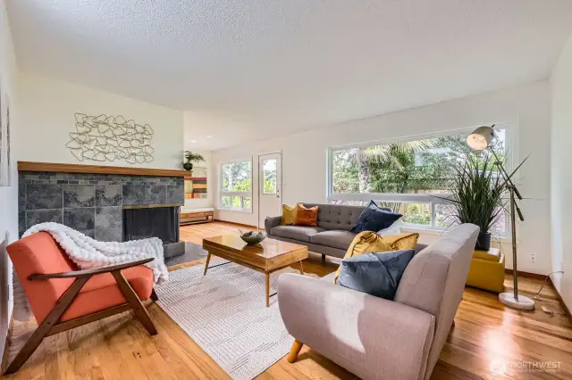 Big living room is sunny in the day and cozy at night.