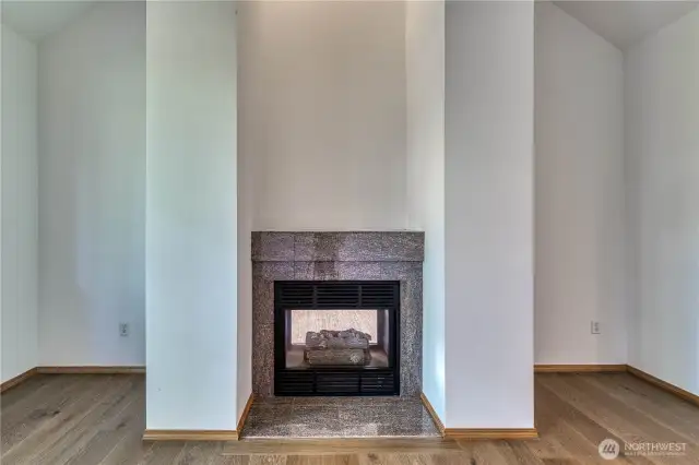 2-sided gas fire place viewed from the living room.