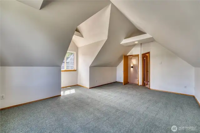Vaulted ceilings in bonus room with lots of windows for natural light.