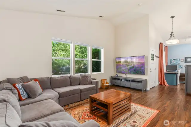 Vaulted ceilings help open the space and make it feel largerr!