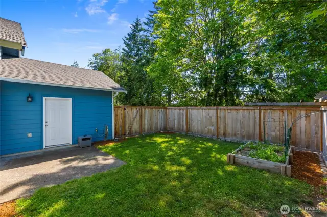 Back part of the yard, with door to the garage and primary room (to the left)