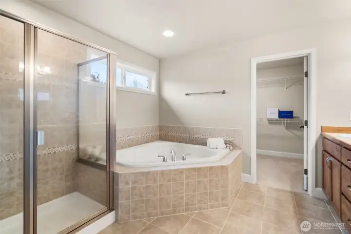 Primary bath includes a soaking tub and separate shower