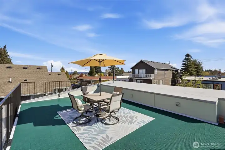 WOW! This memorable rooftop is functional and useable! Notice the custom metal railing for safety. Power and water are available.