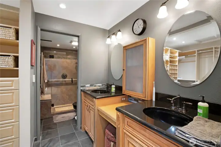 Bath has heated floors and towel bars