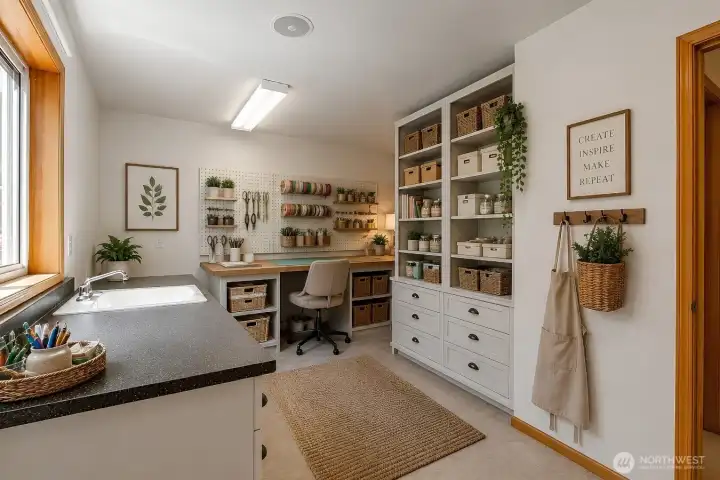 Virtually staged lower level craft room