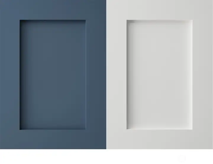 White shaker cabinets throughout and "Chambray" color on the Kitchen Island and powder room.