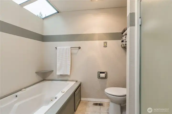 The jetted tub and skylights in the primary bath suite The jetted tub and skylights in the primary bath suite