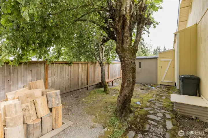 The side yard, including a storage shed The side yard, including a storage shed