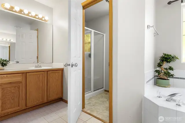 Primary bath has dual vanities and two walk-in closets