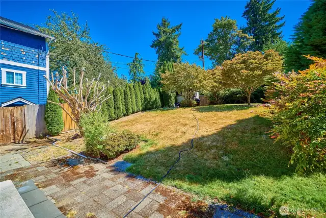 Slight slope to upper part of yard and then level area.
