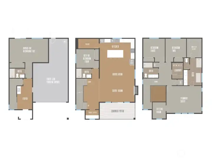 The Glacier Home Plan. All photos, renderings, site maps, and floorplans are for visualization purposes only. Plans, colors, building orientation, finishes, home outlook, and other details can and WILL vary. Thoughtfully designed 2,969 sq. ft. floor plan offers up to five bedrooms across three spacious levels. Flexible living spaces include a main-level great room with covered patio, private den, and a versatile lower-level bonus or guest suite, ideal for multi-generational living.