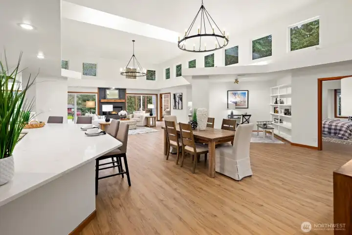 The stunning great room is warm and inviting with a variety of intimate spaces!