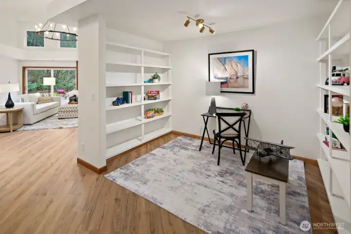 The library nook is the perfect flex space for reading, crafts, homework, etc.