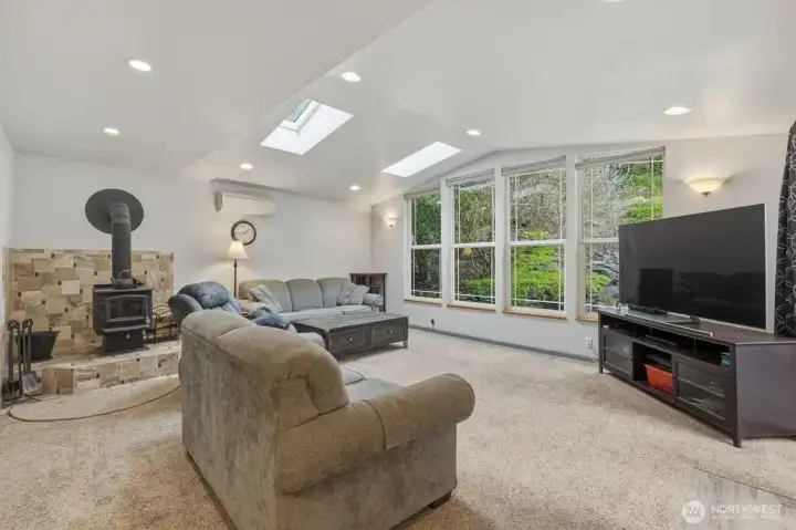 Family room with wood burning stove