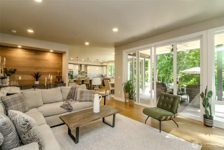 Sliding glass door from living room to the patio.  Notice the custom built in cabinet against the wall with art niche lighting.