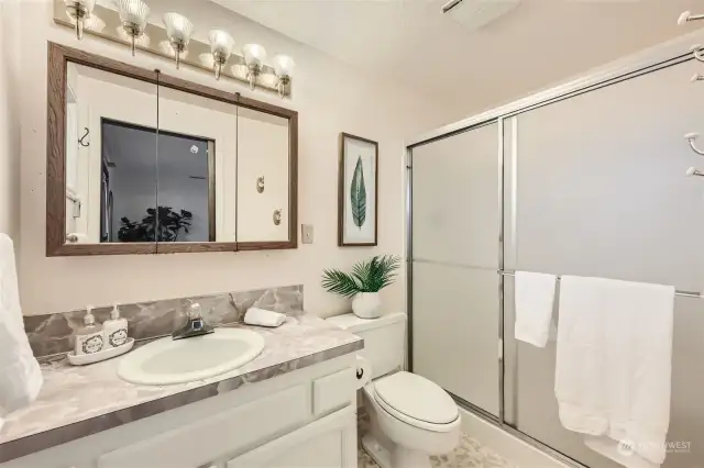 The Primary ensuite with step-in shower and vintage countertop.