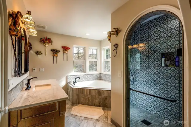 Newly renovated primary bathroom complete with oversize soak tub and extra large master shower.