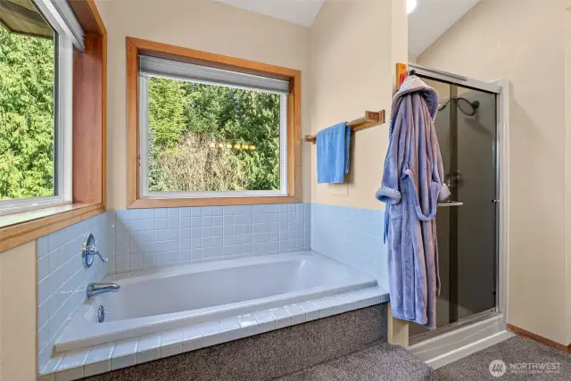 Primary bathroom soaking tub and shower.