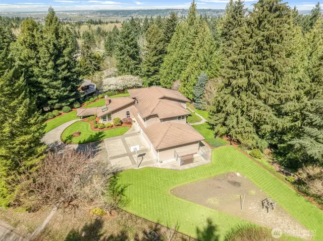 Aerial view of home. Garden area, Playground area and Dog Kennel.