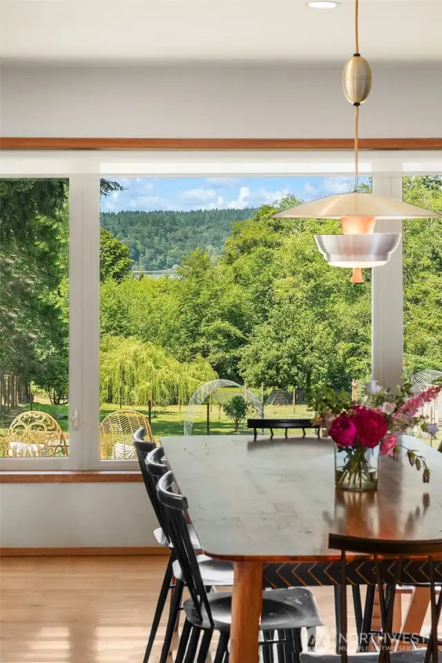 Dining room with a water view.