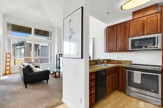 Kitchen seamlessly flows into living space.