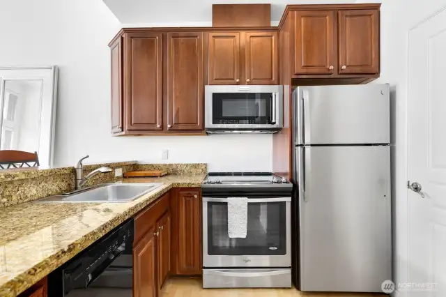 Newer appliances and large pantry / storage area in closet to right of fridge.