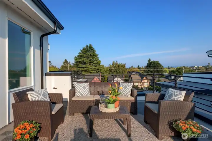 Stunning rooftop deck with views of mountains to the west and east.