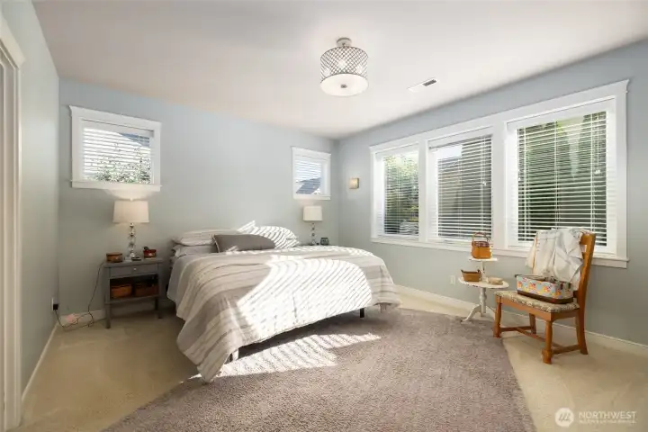 The main floor primary suite is spacious and tranquil.