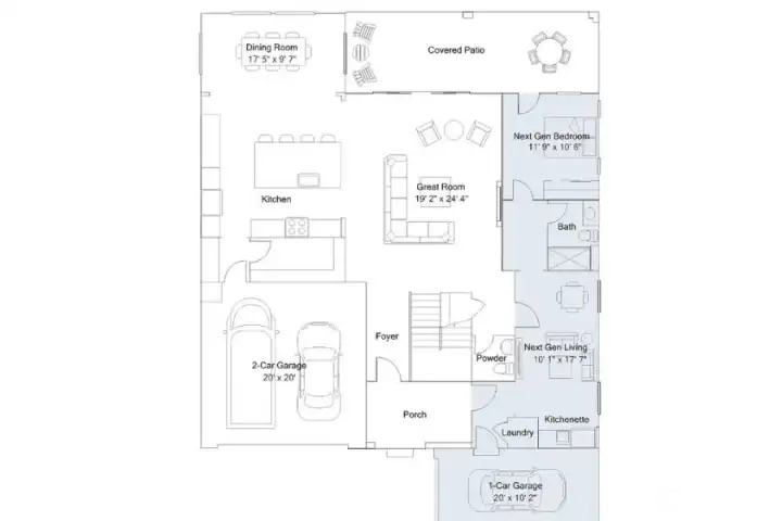 First Story Floorplan. Grey outline showcases Next Gen ADU