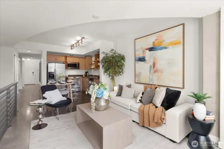 Upstairs features full bathroom, bedroom, kitchen, and living room