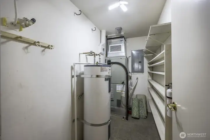 Large pantry with the hot water heater, furnace, and shelving.