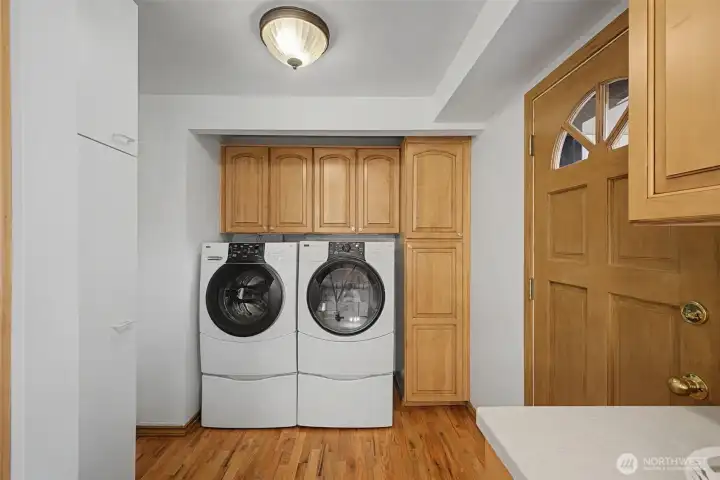 Dedicated laundry area with cabinetry and direct access to the backyard.