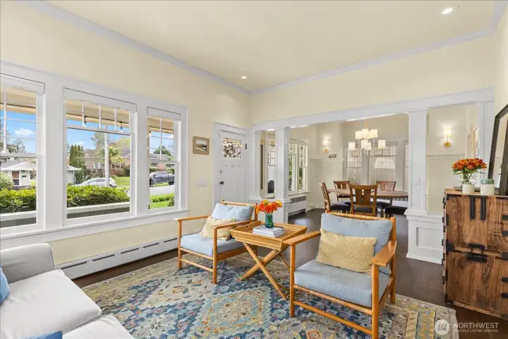 Looking out to the front porch and dining room.
