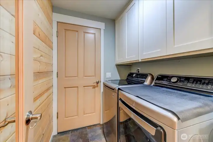 Laundry room with built-in storage and convenient access to the garage.