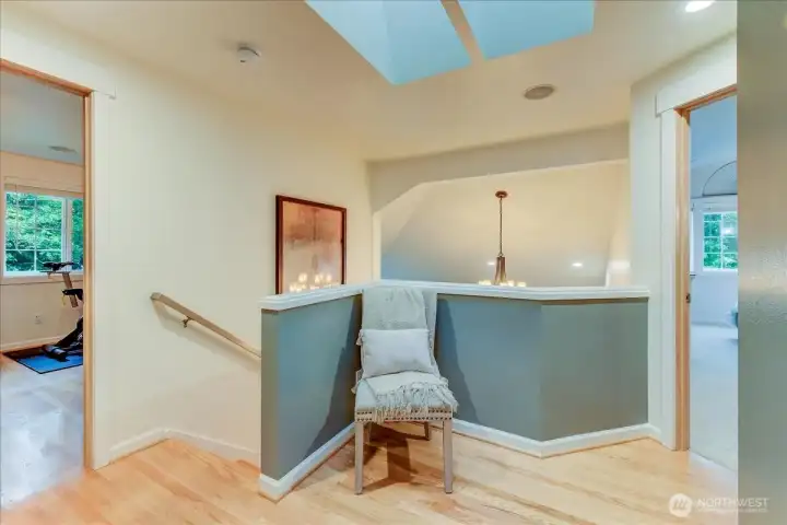 Upstairs small loft area with the primary bedroom located to the right.