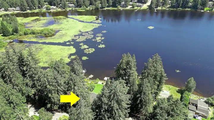 Aerial view facing West, overlooking the lake.
